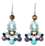 Tiger's eye and lapis lazuli beaded earrings, 'Carnation Bouquet' - Tiger's eye and lapis lazuli beaded earrings