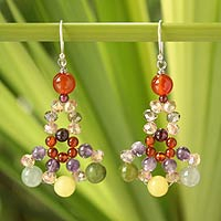Carnelian and amethyst beaded earrings, 'Lily Bouquet' - Handmade Beaded Carnelian and Amethyst Earrings