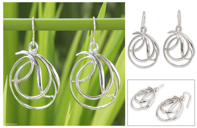 Sterling silver dangle earrings, 'Twirling Ribbons' - Handmade Modern Sterling Silver Dangle Earrings