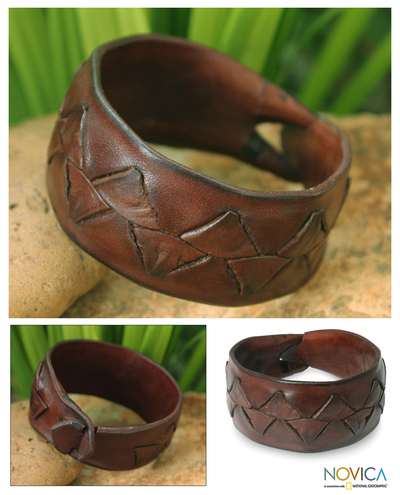 Men's leather wristband bracelet, 'Ayutthaya Brown' - Men's Leather Wristband Bracelet