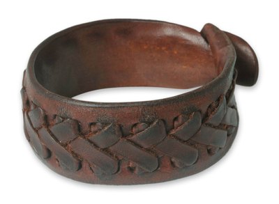 Men's leather wristband bracelet, 'Chiang Rai Paths' - Men's Hand Crafted Leather Wristband Bracelet
