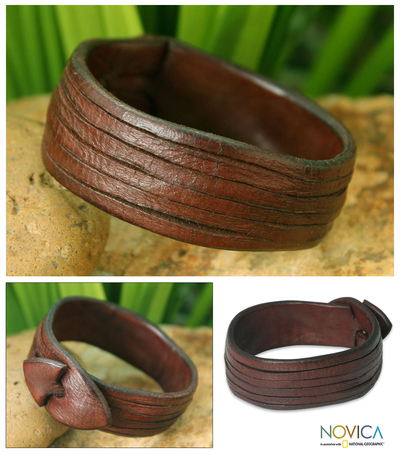 Leather wristband bracelet, 'Many Rivers' - Brown Leather Wristband Bracelet