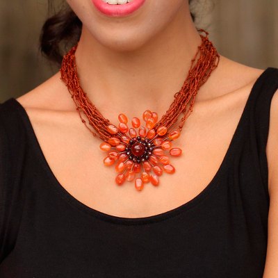 Carnelian and garnet flower necklace, 'Bold Marigold' - Fair Trade Floral Carnelian Necklace