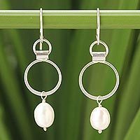 Cultured pearl dangle earrings, 'Exquisite White' - Handcrafted Thai Sterling Silver and Pearl Earrings