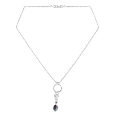 Cultured pearl pendant necklace, 'Moon at Midnight' - Unique Modern Sterling Silver and Pearl Necklace