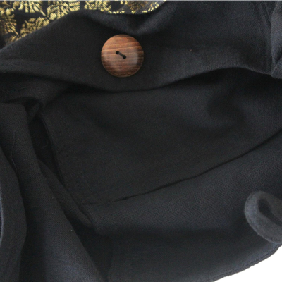 Cotton sling bag, 'Golden Lotus' - Handcrafted Brocade and Black Cotton Sling Bag