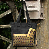 Cotton tote handbag and change purse, 'Golden Garden' - Cotton Tote Bag with Change Purse Handmade in Thailand