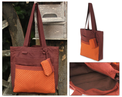 Cotton tote handbag and change purse, 'Sunshine Garden' - Cotton tote handbag and change purse