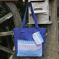 Cotton tote handbag and change purse, 'Blue Iris' - Floral Cotton Tote Bag with Embroidered Coin Purse