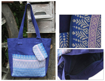 Cotton tote handbag and change purse, Blue Iris