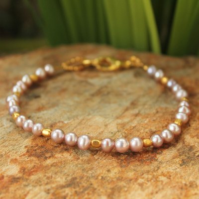 Cultured pearl beaded bracelet, 'Iridescent Dawn' - Fair Trade Gold Plated Pearl Bracelet