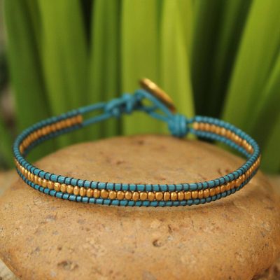 Leather and gold plate wristband bracelet, 'Golden Azure' - Gold Plated Leather Bracelet