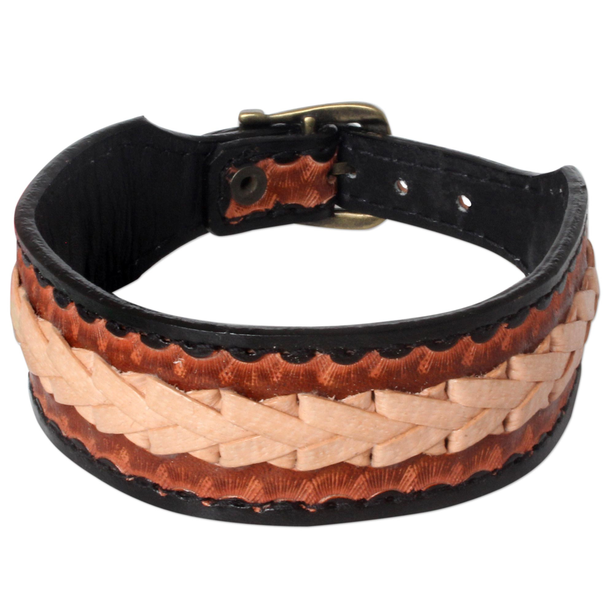 Men's 21.5 Braided Brown and Tan Leather Choker Necklace