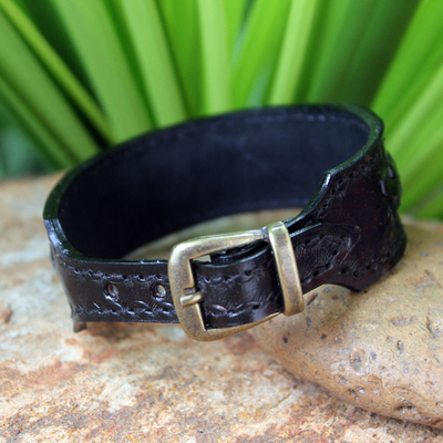 Men's leather wristband bracelet, 'Thai Night' - Men's Leather Wristband Bracelet from Thailand