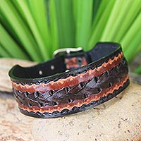 Men's leather wristband bracelet, 'Explorer' - Men's Leather with Brass Buckle Wristband from Thailand