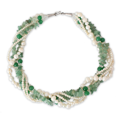 Cultured pearl and aventurine torsade necklace, 'Forest Cloud' - Pearl and Quartz Torsade Necklace