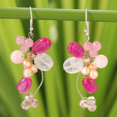 Cultured pearl and rose quartz cluster earrings, Radiant Bouquet