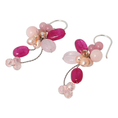 Cultured pearl and rose quartz cluster earrings, 'Radiant Bouquet' - Handcrafted Cultured Pearl and Rose Quartz Cluster Earrings