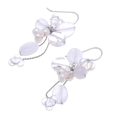 Pearl and quartz cluster earrings, 'Radiant Bouquet' - Pearl and Quartz Dangle Earrings