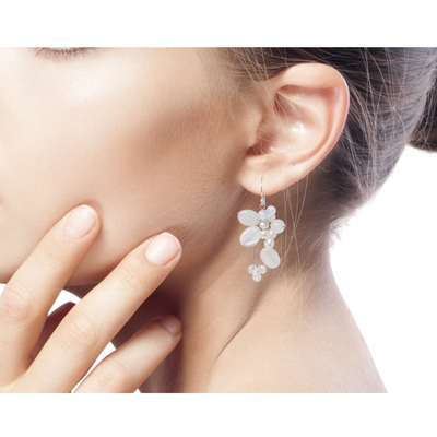 Pearl and quartz cluster earrings, 'Radiant Bouquet' - Pearl and Quartz Dangle Earrings