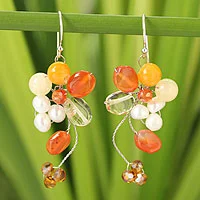 Pearl and carnelian cluster earrings, 'Radiant Bouquet' - Handcrafted Mulitgem Earrings from Thailand