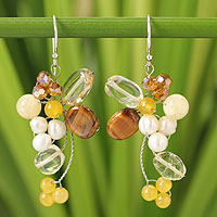 Pearl and tiger's eye cluster earrings, 'Radiant Bouquet' - Handcrafted Citrine and Tiger's Eye Beaded Earrings