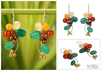 Cultured pearl and citrine cluster earrings, 'Radiant Bouquet' - Carnelian and Citrine Dangle Earrings