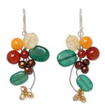 Cultured pearl and citrine cluster earrings, 'Radiant Bouquet' - Carnelian and Citrine Dangle Earrings
