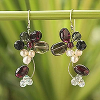 Cultured pearl and garnet cluster earrings, 'Radiant Bouquet'