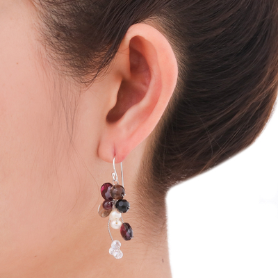 Cultured pearl and garnet cluster earrings, 'Radiant Bouquet' - Smoky Quartz and Garnet Dangle Earrings