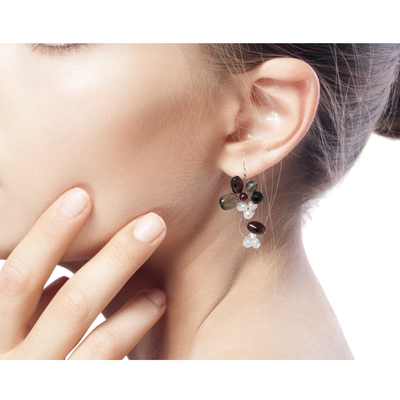 Cultured pearl and garnet cluster earrings, 'Radiant Bouquet' - Smoky Quartz and Garnet Dangle Earrings