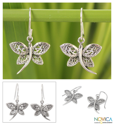 Sterling silver dangle earrings, 'Thai Butterflies' - Sterling silver dangle earrings