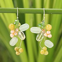 Cultured pearl and citrine cluster earrings, 'Lemon Bouquet' - Pearl and Quartz Earrings