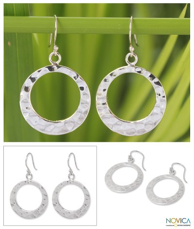 Sterling silver dangle earrings, 'Lunar Eclipse' - Modern Hammered Silver Earrings