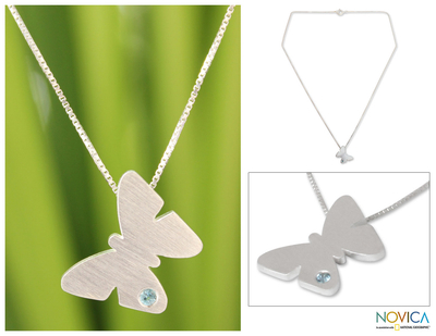 Blue topaz pendant necklace, 'Twinkling Butterfly' - Blue topaz pendant necklace