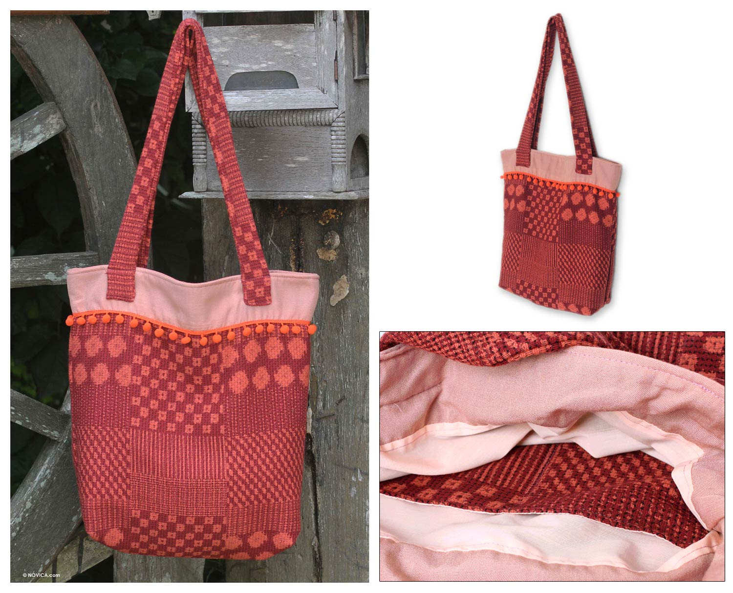 NOVICA Red 100% Cotton Crocheted Shoulder Bag Playful 