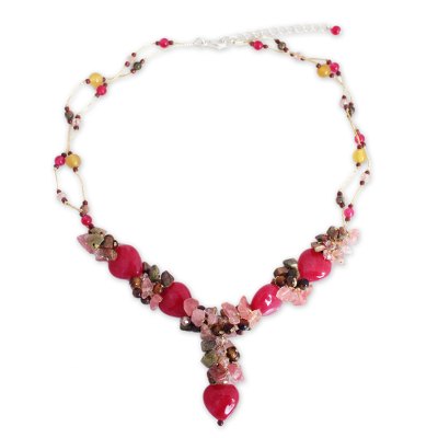 Quartz and unakite beaded necklace, 'Thai Heartbeat' - Unique Beaded Quartz Necklace
