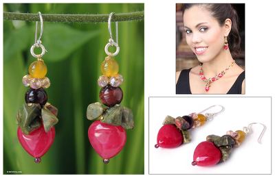 Quartz and unakite dangle earrings, 'Thai Heartbeat' - Beaded Quartz Multigem Earrings from Thailand