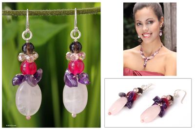 Amethyst and rose quartz dangle earrings, 'Sweet Love' - Amethyst and Quartz Beaded Earrings