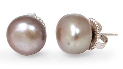 Cultured pearl button earrings, 'Twilight Serenade' - Handcrafted Pearl Button Earrings