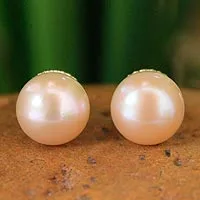 Cultured pearl button earrings, 'Dawn Serenade' - Hand Made Pearl Earrings