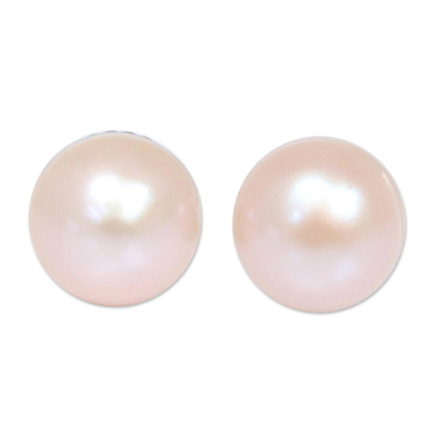 Cultured pearl button earrings, 'Dawn Serenade' - Hand Made Pearl Earrings