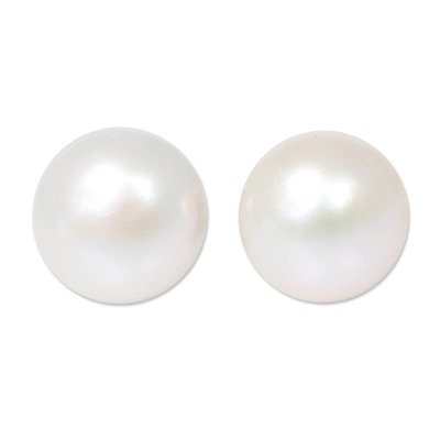 Cultured pearl stud earrings, 'Cloud Serenade' - Bridal Pearl Button Earrings