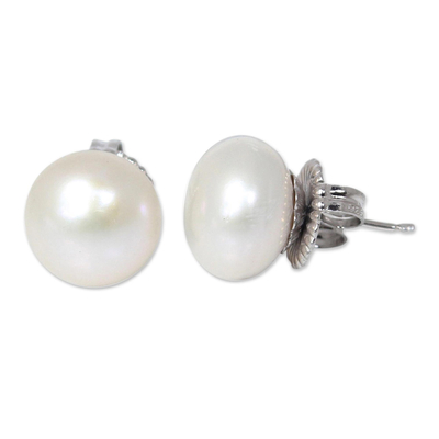 Cultured pearl button earrings, 'Cloud Serenade' - Bridal Pearl Button Earrings