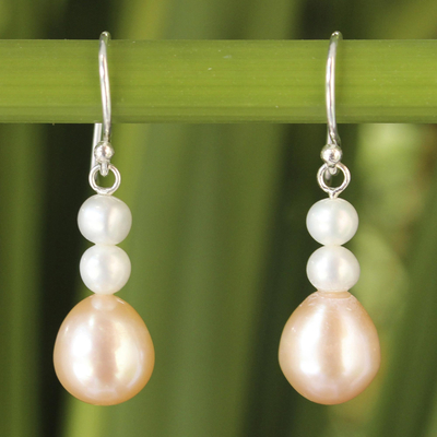 Cultured pearl dangle earrings, 'Sweet Peach Glamour' - Handcrafted Pearl Earrings
