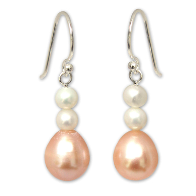 Cultured pearl dangle earrings, 'Sweet Peach Glamour' - Handcrafted Pearl Earrings