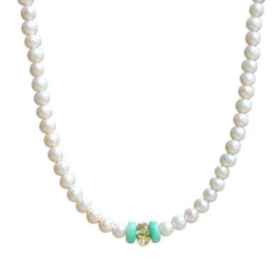 Halskette aus Zuchtperlen und Amazonitsträngen - Perlen- und Amazonit-Halskette