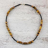 Cultured pearl and tiger's eye beaded necklace, 'Honey Bamboo'