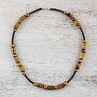 Collar de perlas cultivadas y cuentas de ojo de tigre, 'Honey Bamboo' - Collar de cuentas de ónix y ojo de tigre