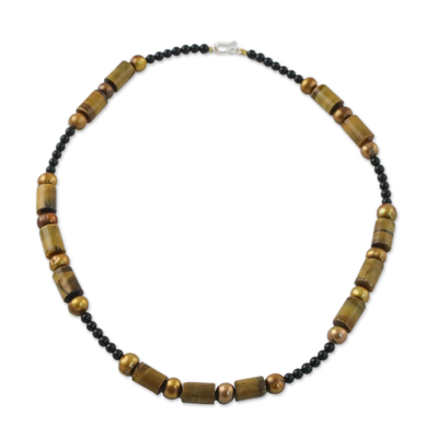 Cultured pearl and tiger's eye beaded necklace, 'Honey Bamboo' - Beaded Onyx and Tiger's Eye Necklace